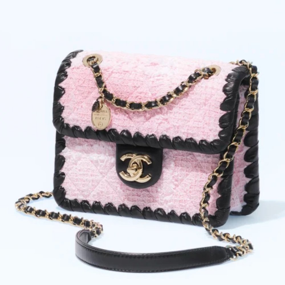 Chanel Mini Flap BARBIE Bag Pink Tweed Black Braided Leather Calfskin Gold Chain
